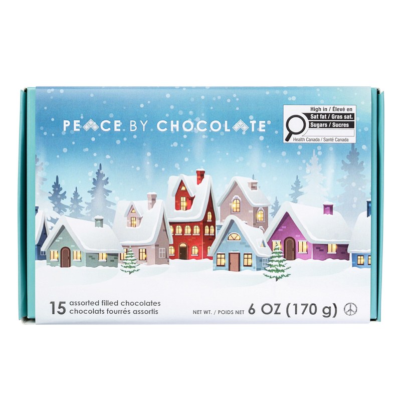 Peace by Chocolate Holiday 15 Peace Box with snowy village packaging