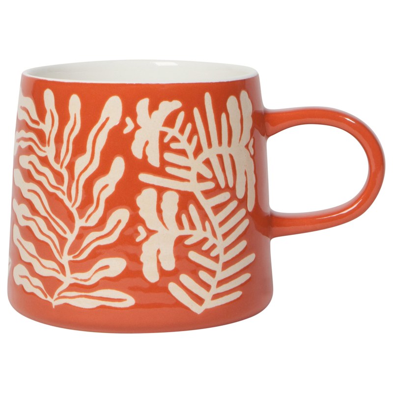 Danica Studio Entwine Imprint mug with rust-coloured handle and cream botanical pattern