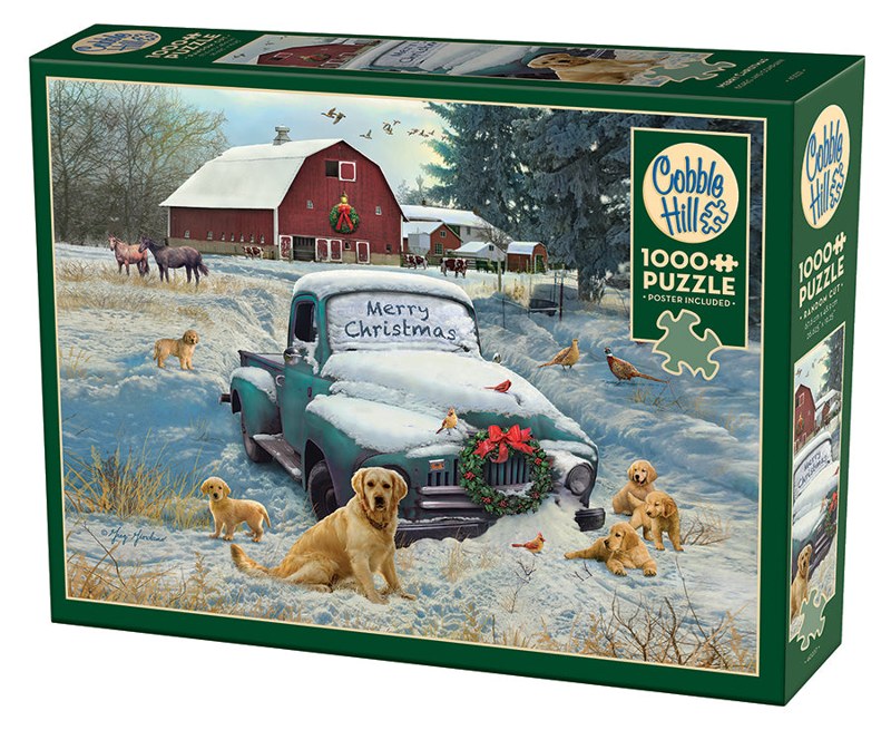 Cobble Hill Merry Christmas 1000-piece puzzle box showing a snowy farm and vintage truck
