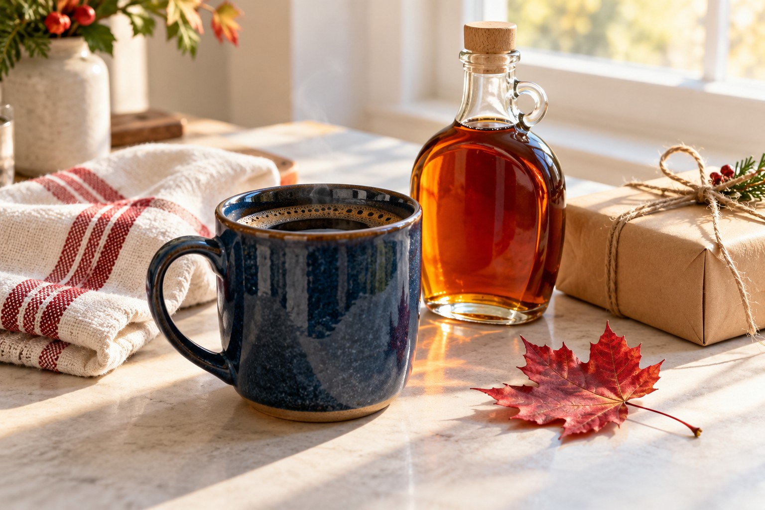 A coffee mug, maple syrup bottle and wrapped gift on a sunlit table